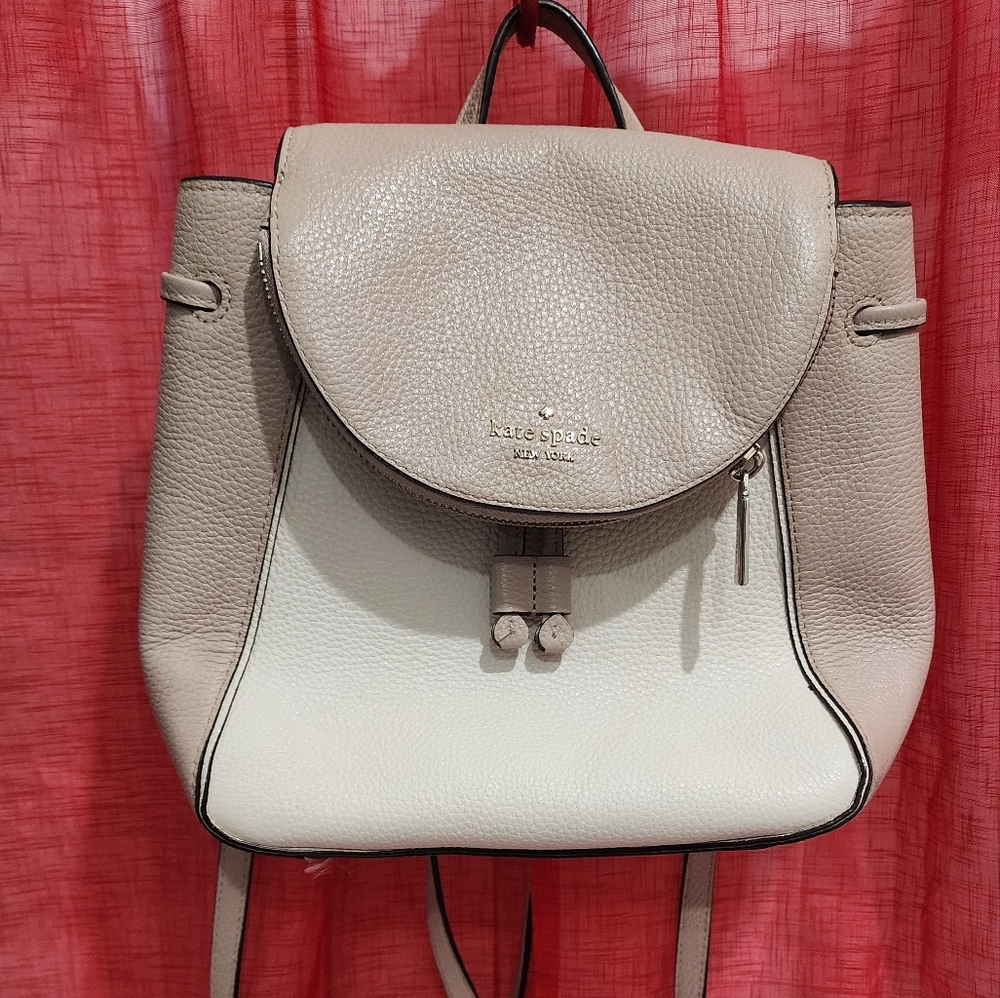 Kate Spade Leila Colorblock Warm Beige Leather Medium Flap Shoulder Backpack Bag